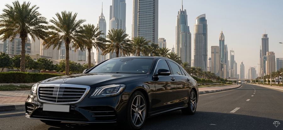 Black Mercedes chauffeur car on a palm-lined Dubai road